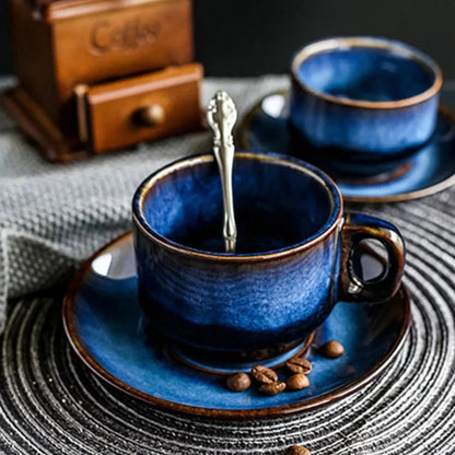 Deep Blue Ceramic Coffee Mug Set with Matching Saucer – Elegant Tea and Coffee Experience, Microwave and Dishwasher Safe