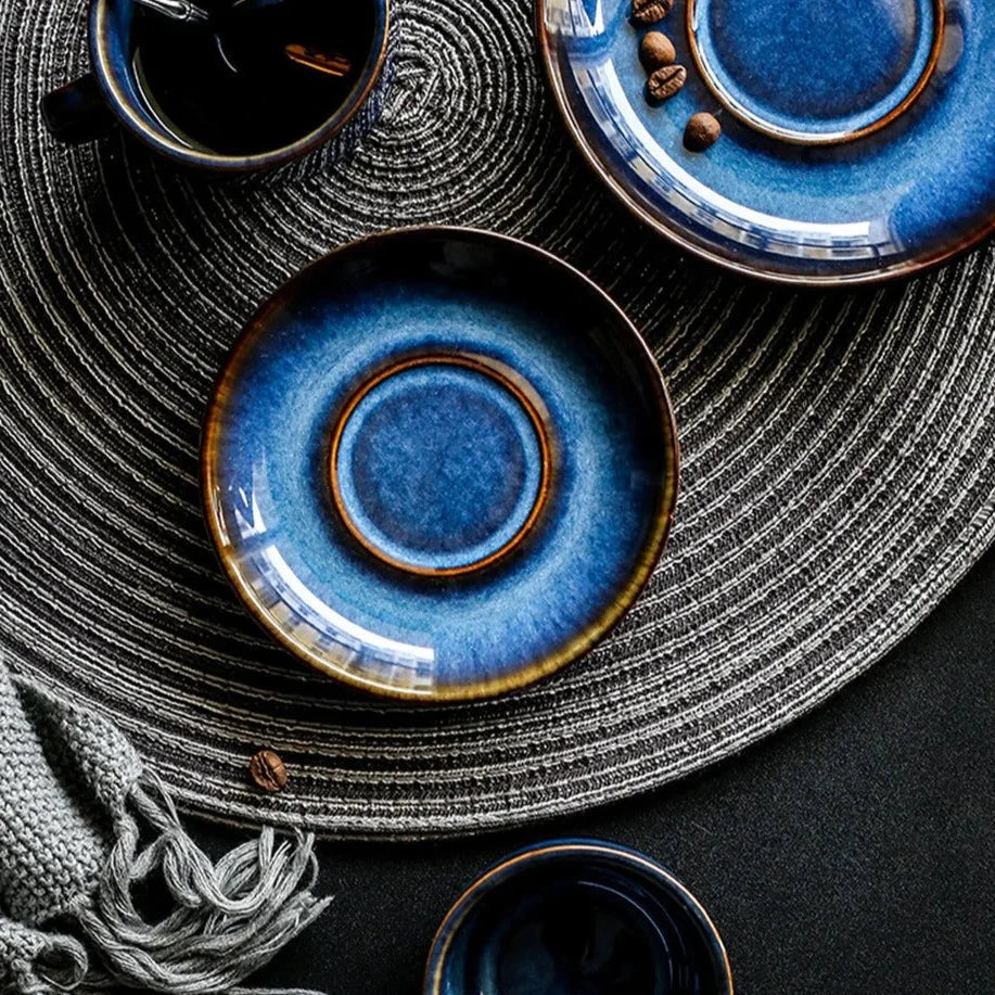 Deep Blue Ceramic Coffee Mug Set with Matching Saucer – Elegant Tea and Coffee Experience, Microwave and Dishwasher Safe