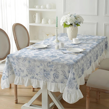 Delfina Lace Tablecloth - Blue Floral Cotton, Ruffled Edges