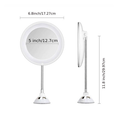 Flexible LED Makeup Mirror with 10x Magnification | Suction Mount Vanity Mirror with Adjustable Gooseneck Arm for Bathroom | Illuminated