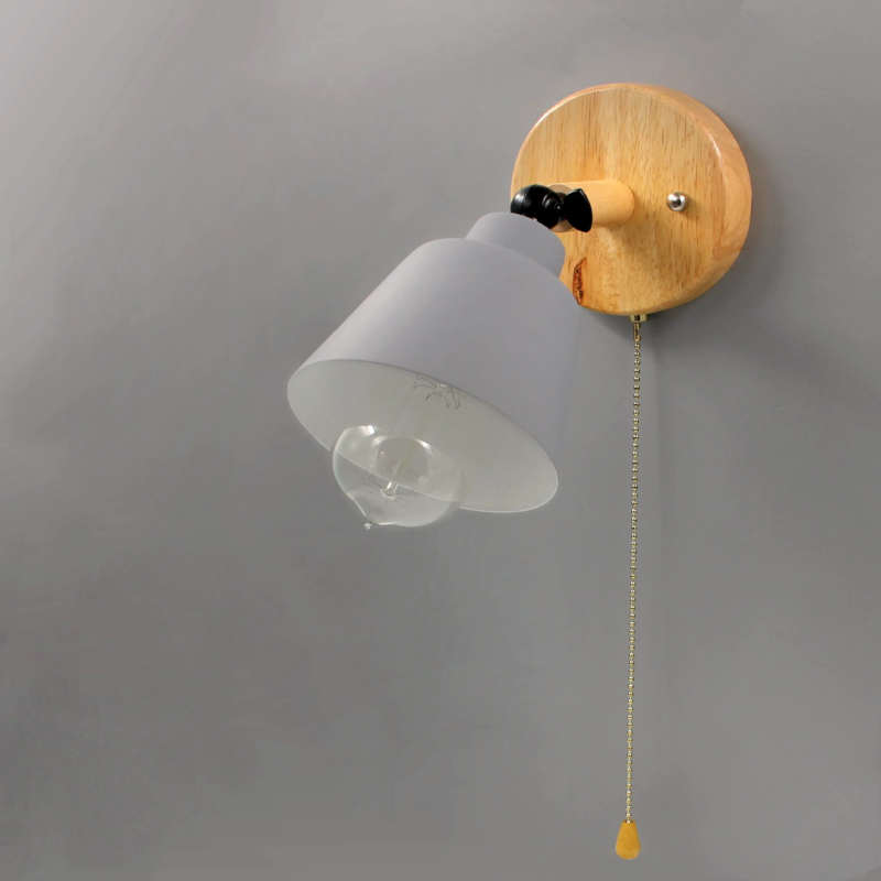 Adjustable Wall Sconce with Pull Chain Switch 5 in Shade Wood & Metal E27 Socket Bedside Reading Lamp for Bedroom Living Room Hallway
