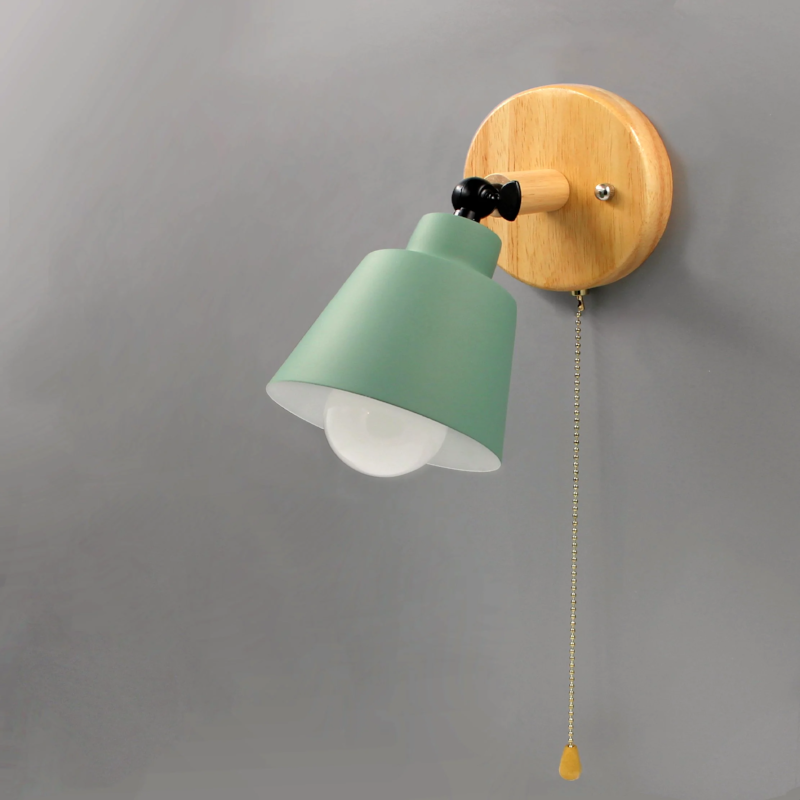Adjustable Wall Sconce with Pull Chain Switch 5 in Shade Wood & Metal E27 Socket Bedside Reading Lamp for Bedroom Living Room Hallway