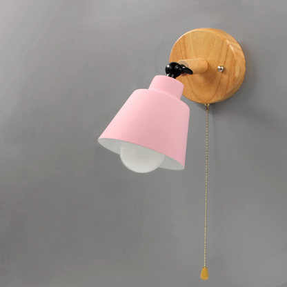 Adjustable Wall Sconce with Pull Chain Switch 5 in Shade Wood & Metal E27 Socket Bedside Reading Lamp for Bedroom Living Room Hallway