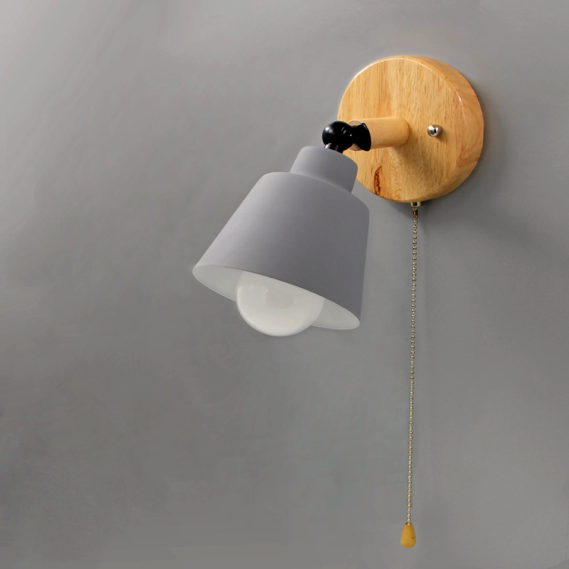 Adjustable Wall Sconce with Pull Chain Switch 5 in Shade Wood & Metal E27 Socket Bedside Reading Lamp for Bedroom Living Room Hallway