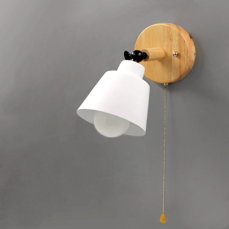 Adjustable Wall Sconce with Pull Chain Switch 5 in Shade Wood & Metal E27 Socket Bedside Reading Lamp for Bedroom Living Room Hallway