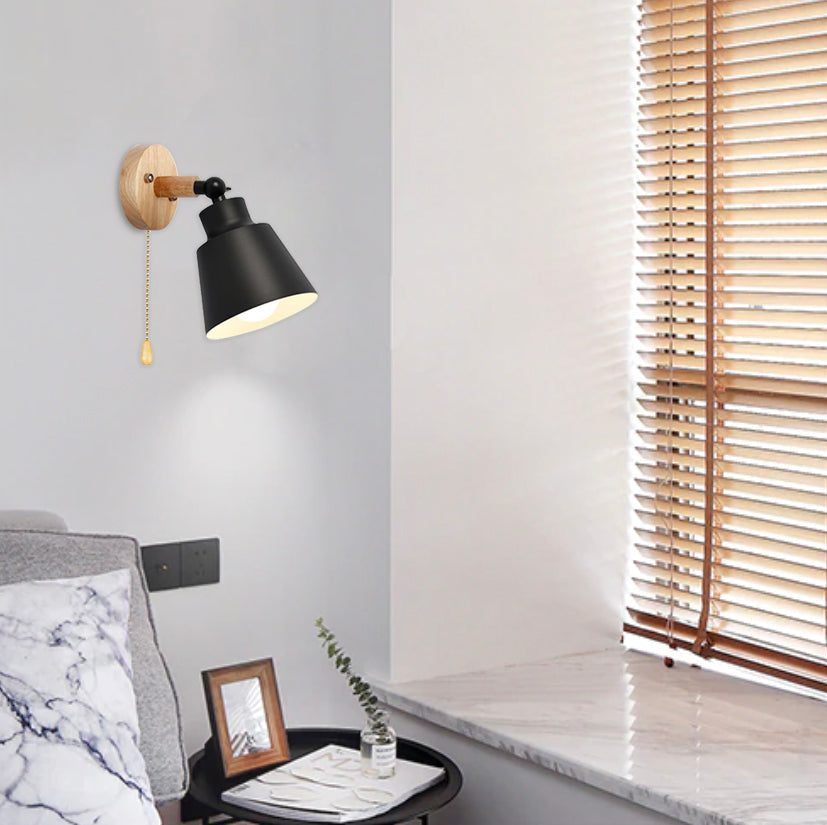 Adjustable Wall Sconce with Pull Chain Switch 5 in Shade Wood & Metal E27 Socket Bedside Reading Lamp for Bedroom Living Room Hallway