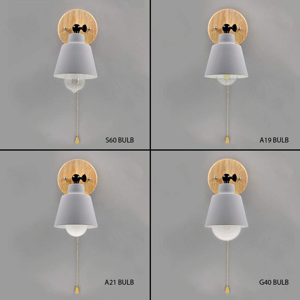 Adjustable Wall Sconce with Pull Chain Switch 5 in Shade Wood & Metal E27 Socket Bedside Reading Lamp for Bedroom Living Room Hallway