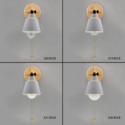 Adjustable Wall Sconce with Pull Chain Switch 5 in Shade Wood & Metal E27 Socket Bedside Reading Lamp for Bedroom Living Room Hallway