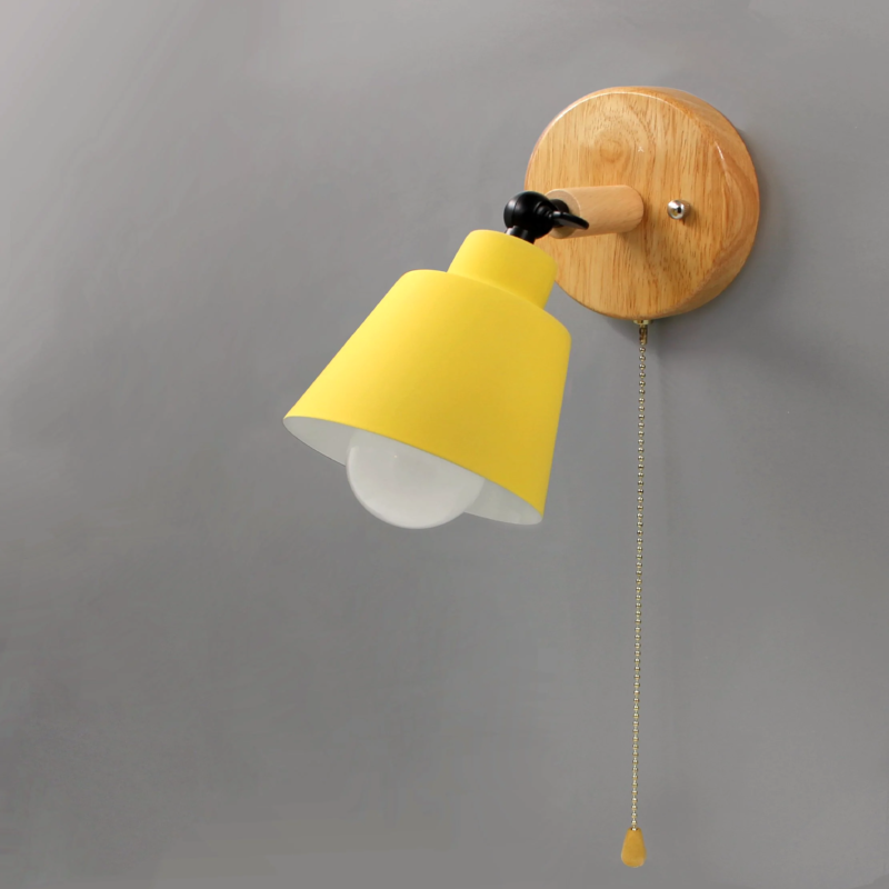 Adjustable Wall Sconce with Pull Chain Switch 5 in Shade Wood & Metal E27 Socket Bedside Reading Lamp for Bedroom Living Room Hallway
