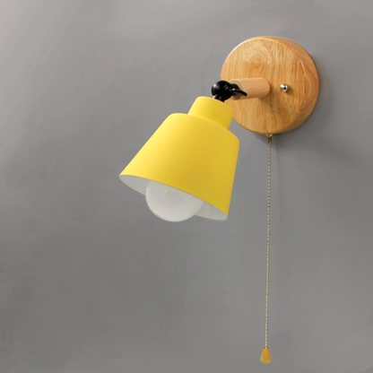 Adjustable Wall Sconce with Pull Chain Switch 5 in Shade Wood & Metal E27 Socket Bedside Reading Lamp for Bedroom Living Room Hallway
