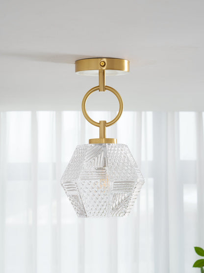 Geometric Glass Pendant Light with Faceted Shade | Polished Metal Hanging Fixture for Kitchen Island Entryway Breakfast Nook Hallway