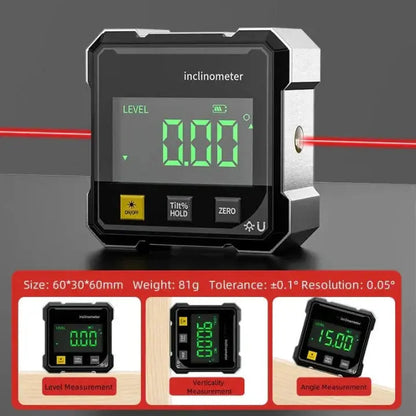 USB Rechargeable Magnetic Angle Finder with Laser Line – 2.4 in Aluminum Digital Level Gauge for Woodworking Shelves Framing – Zero Hold Fun