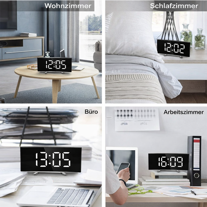 Modern Curved LED Digital Alarm Clock with Auto-Dimming Mirror Display for Bedroom and Office