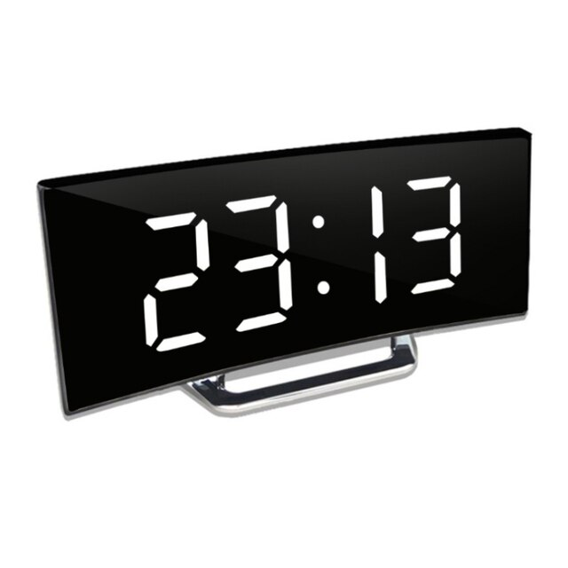 Curved LED Digital Alarm Clock with Auto-Dimming Mirror Display for Bedroom, Nightstand & Desk | USB or Battery Powered