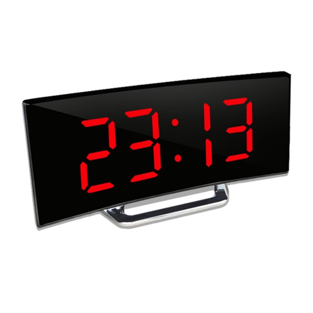 Modern Curved LED Digital Alarm Clock with Auto-Dimming Mirror Display for Bedroom and Office