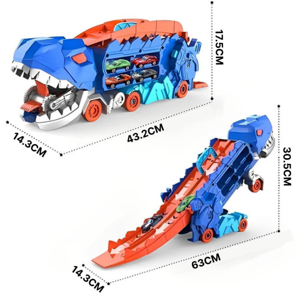 Juego de camión de dinosaurios, camión transportador de juguetes de tiranosaurio para 18 autos, juguete de pista de carreras 3 en 1 con transformación de dinosaurio