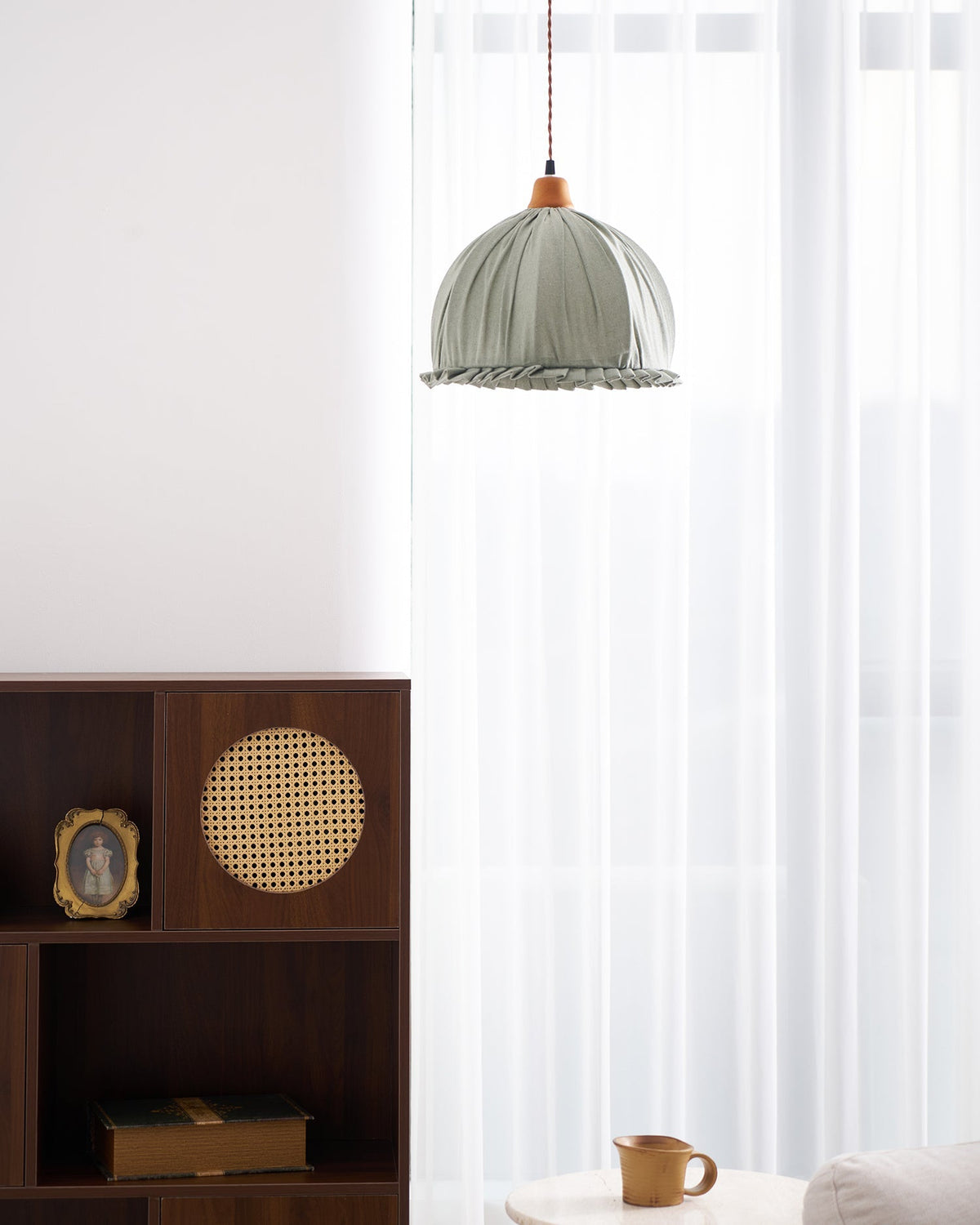 Hanging Ceiling Light Fixture with Fabric Shade 12 Inch Natural Wood Drum Pendant for Dining Room Kitchen Island Bedroom E26 Socket Adjustab