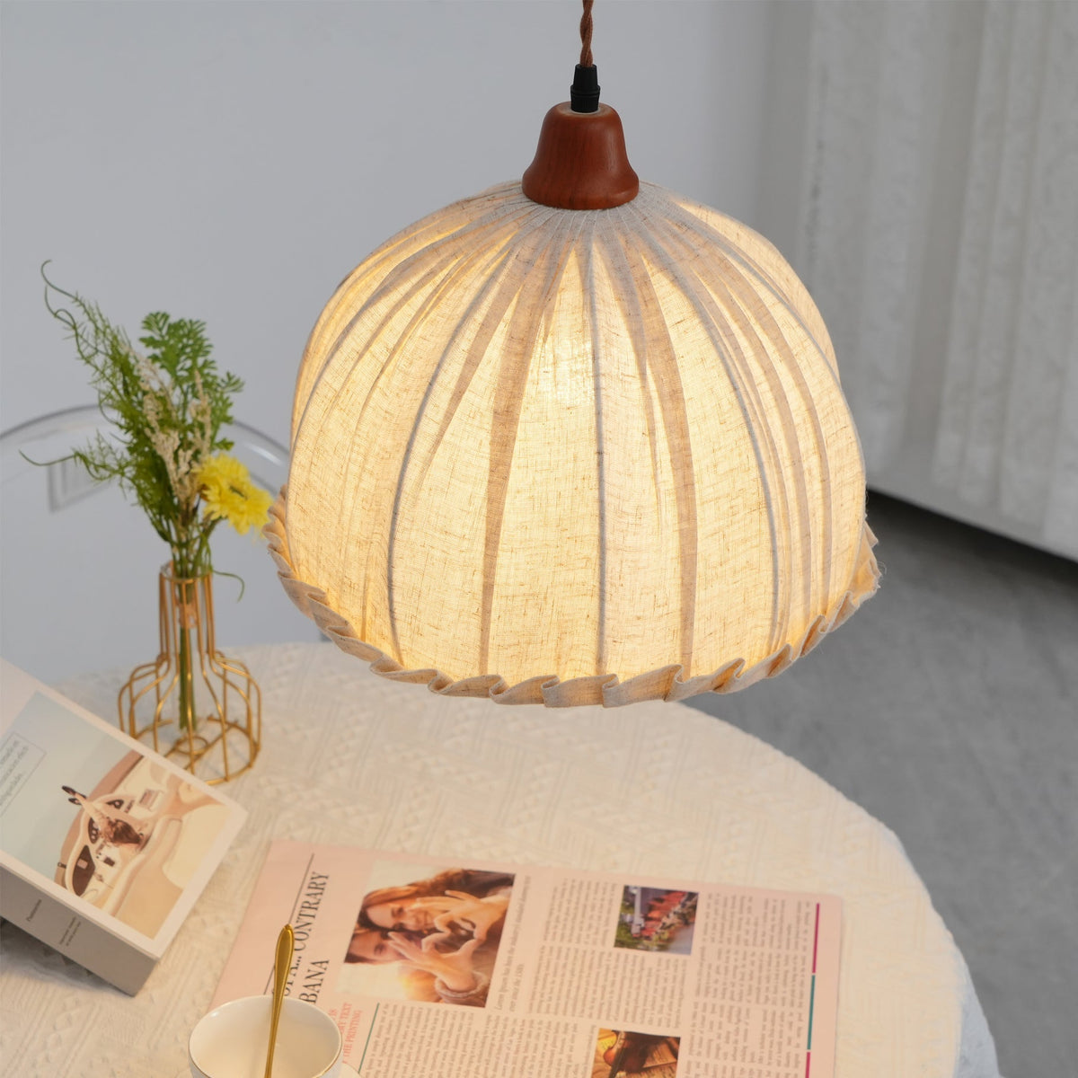 Hanging Ceiling Light Fixture with Fabric Shade 12 Inch Natural Wood Drum Pendant for Dining Room Kitchen Island Bedroom E26 Socket Adjustab