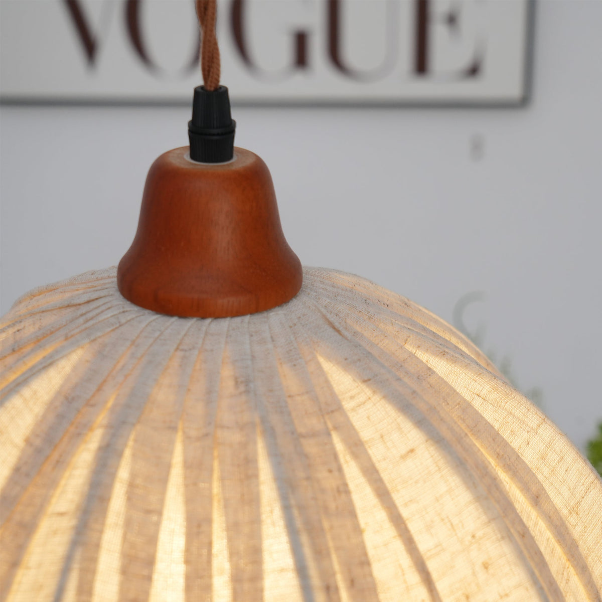 Hanging Ceiling Light Fixture with Fabric Shade 12 Inch Natural Wood Drum Pendant for Dining Room Kitchen Island Bedroom E26 Socket Adjustab
