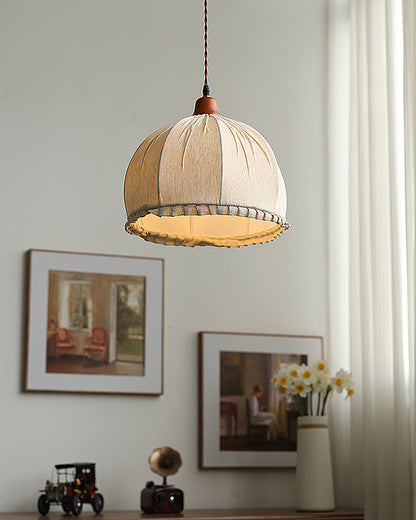 Hanging Ceiling Light Fixture with Fabric Shade 12 Inch Natural Wood Drum Pendant for Dining Room Kitchen Island Bedroom E26 Socket Adjustab