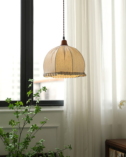 Hanging Ceiling Light Fixture with Fabric Shade 12 Inch Natural Wood Drum Pendant for Dining Room Kitchen Island Bedroom E26 Socket Adjustab