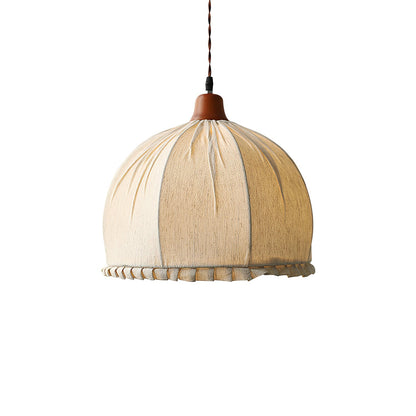 Hanging Ceiling Light Fixture with Fabric Shade 12 Inch Natural Wood Drum Pendant for Dining Room Kitchen Island Bedroom E26 Socket Adjustab
