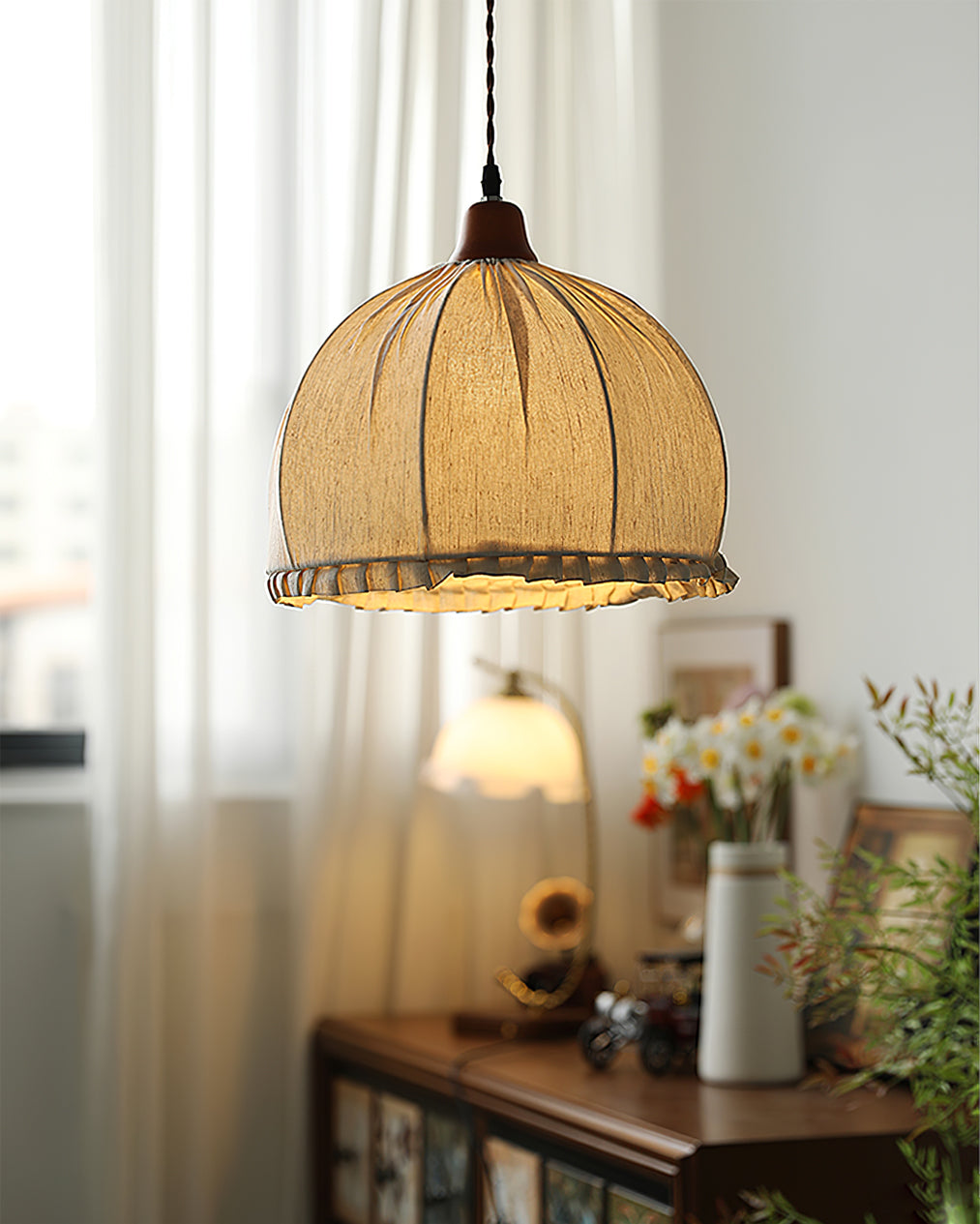 Hanging Ceiling Light Fixture with Fabric Shade 12 Inch Natural Wood Drum Pendant for Dining Room Kitchen Island Bedroom E26 Socket Adjustab