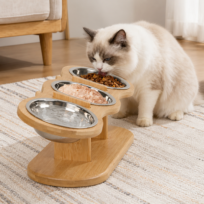 Comedero para gatos Ortekor con soporte de madera inclinado a 15° (3 cuencos de acero inoxidable)