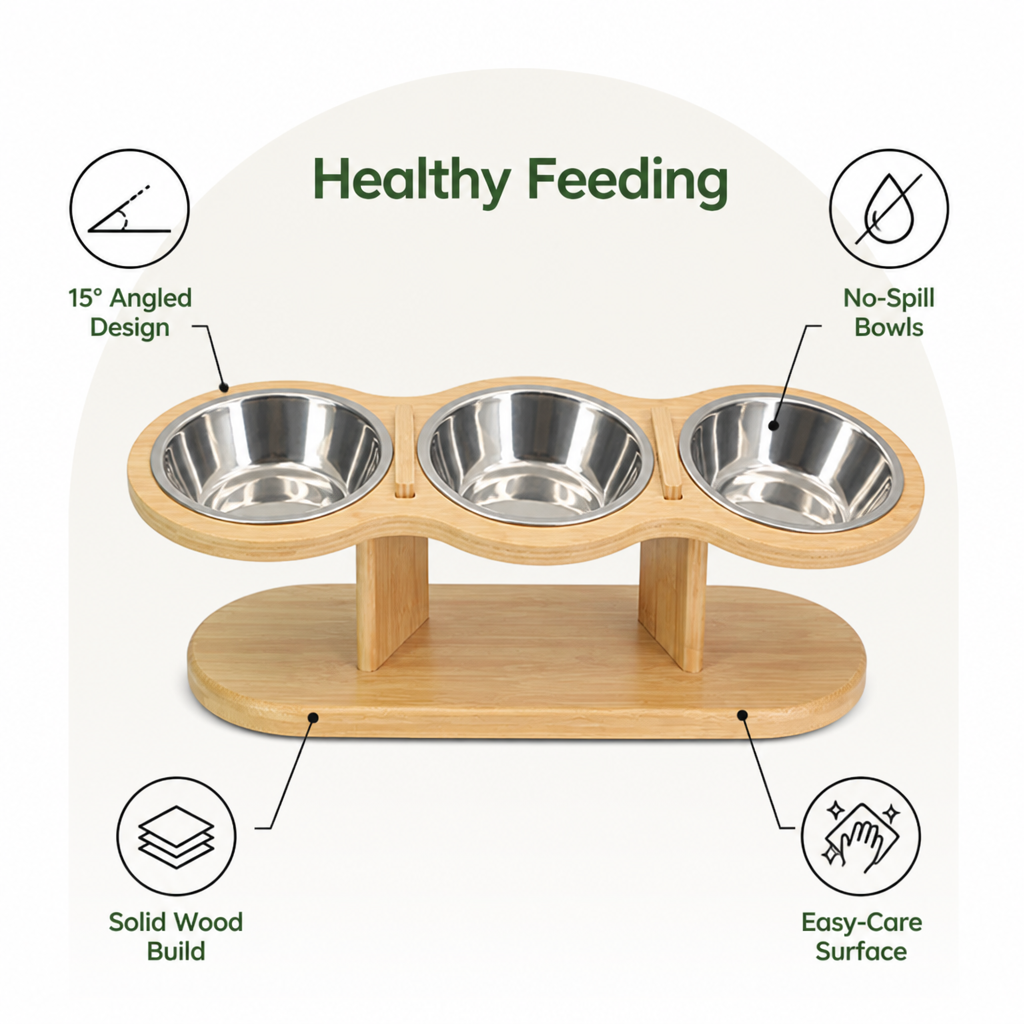 Comedero para gatos Ortekor con soporte de madera inclinado a 15° (3 cuencos de acero inoxidable)