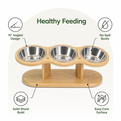 Comedero para gatos Ortekor con soporte de madera inclinado a 15° (3 cuencos de acero inoxidable)