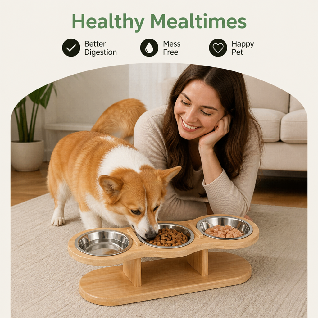 Comedero para gatos Ortekor con soporte de madera inclinado a 15° (3 cuencos de acero inoxidable)