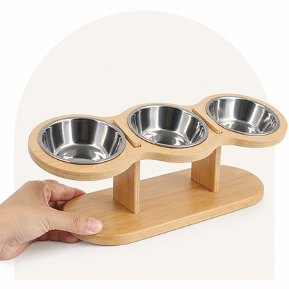 Comedero para gatos Ortekor con soporte de madera inclinado a 15° (3 cuencos de acero inoxidable)