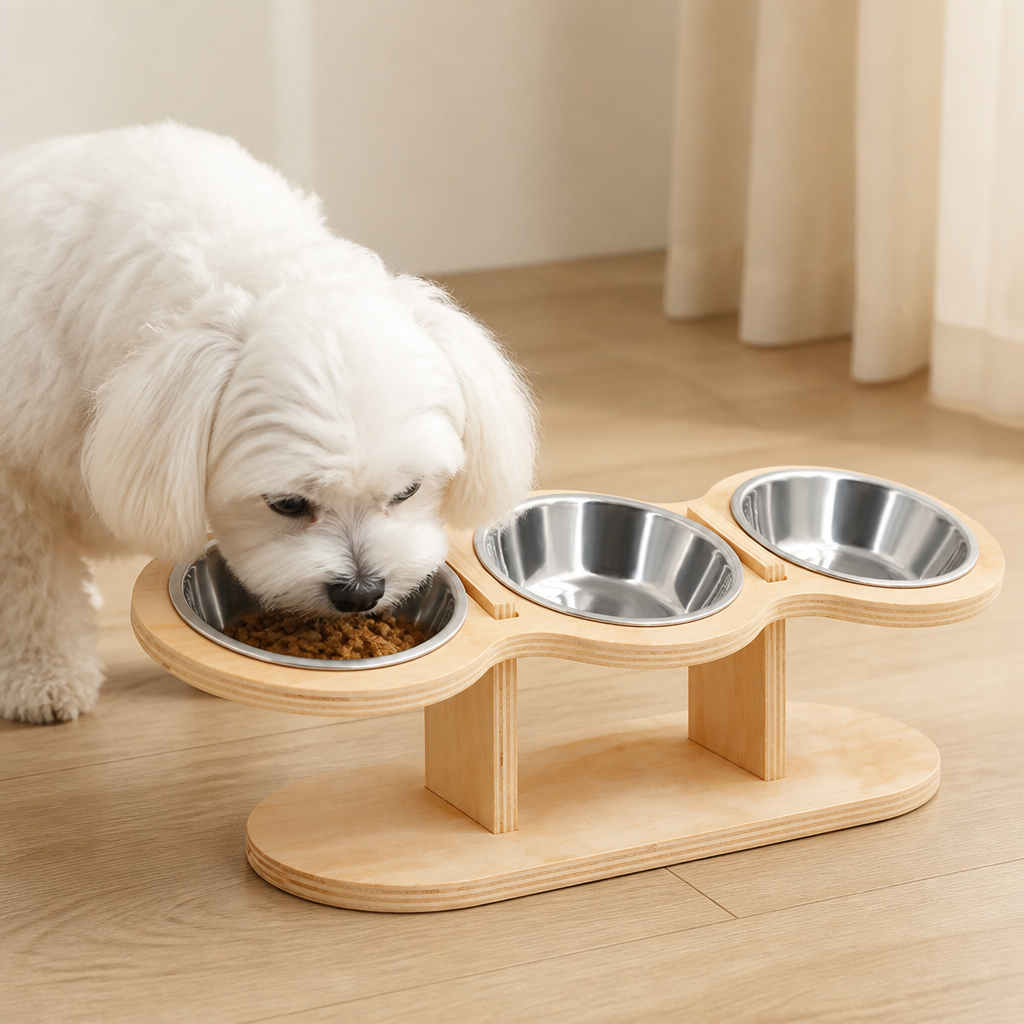 Comedero para gatos Ortekor con soporte de madera inclinado a 15° (3 cuencos de acero inoxidable)