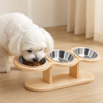 Comedero para gatos Ortekor con soporte de madera inclinado a 15° (3 cuencos de acero inoxidable)