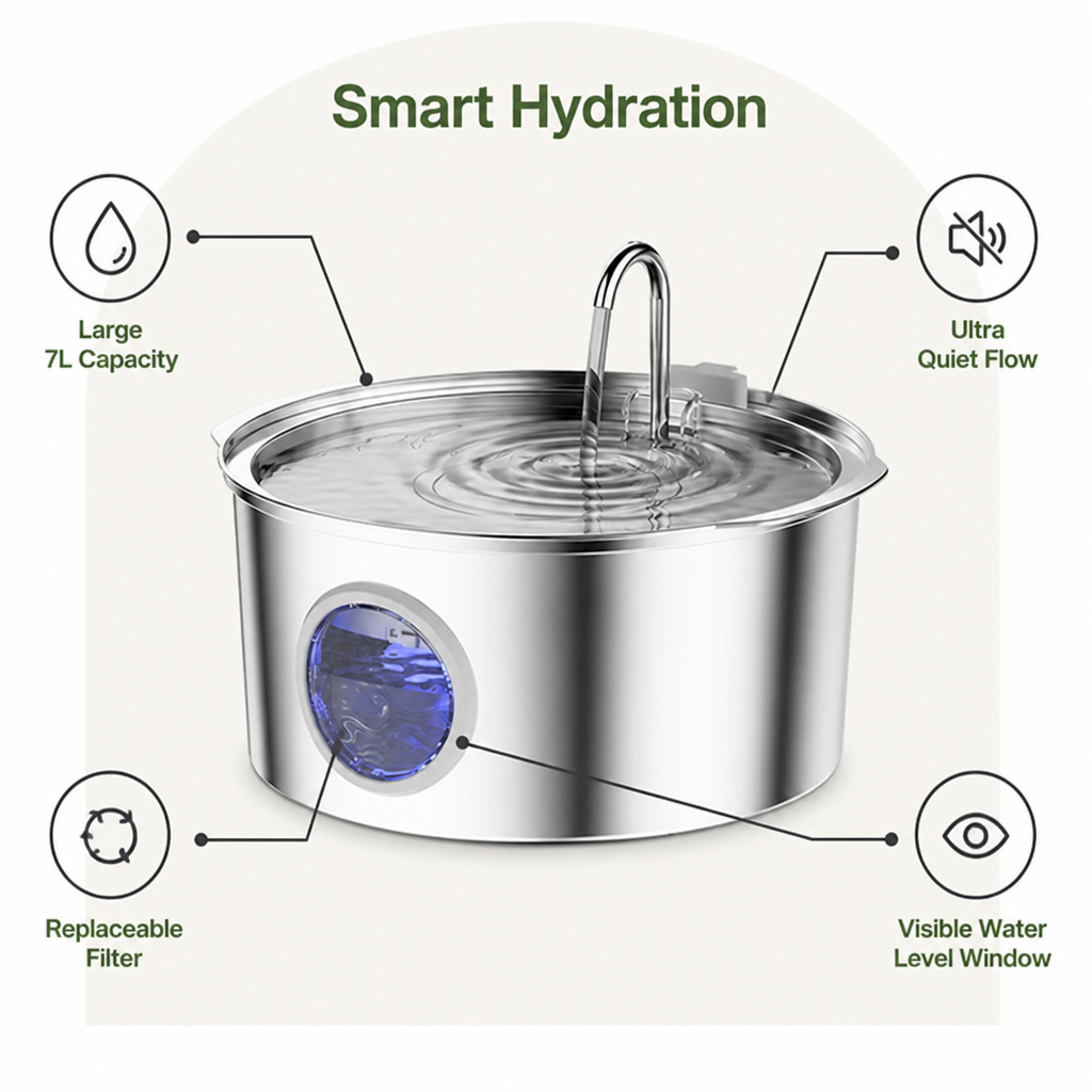 Ortekor 7L Stainless Steel & Filtered Pet Water Fountain