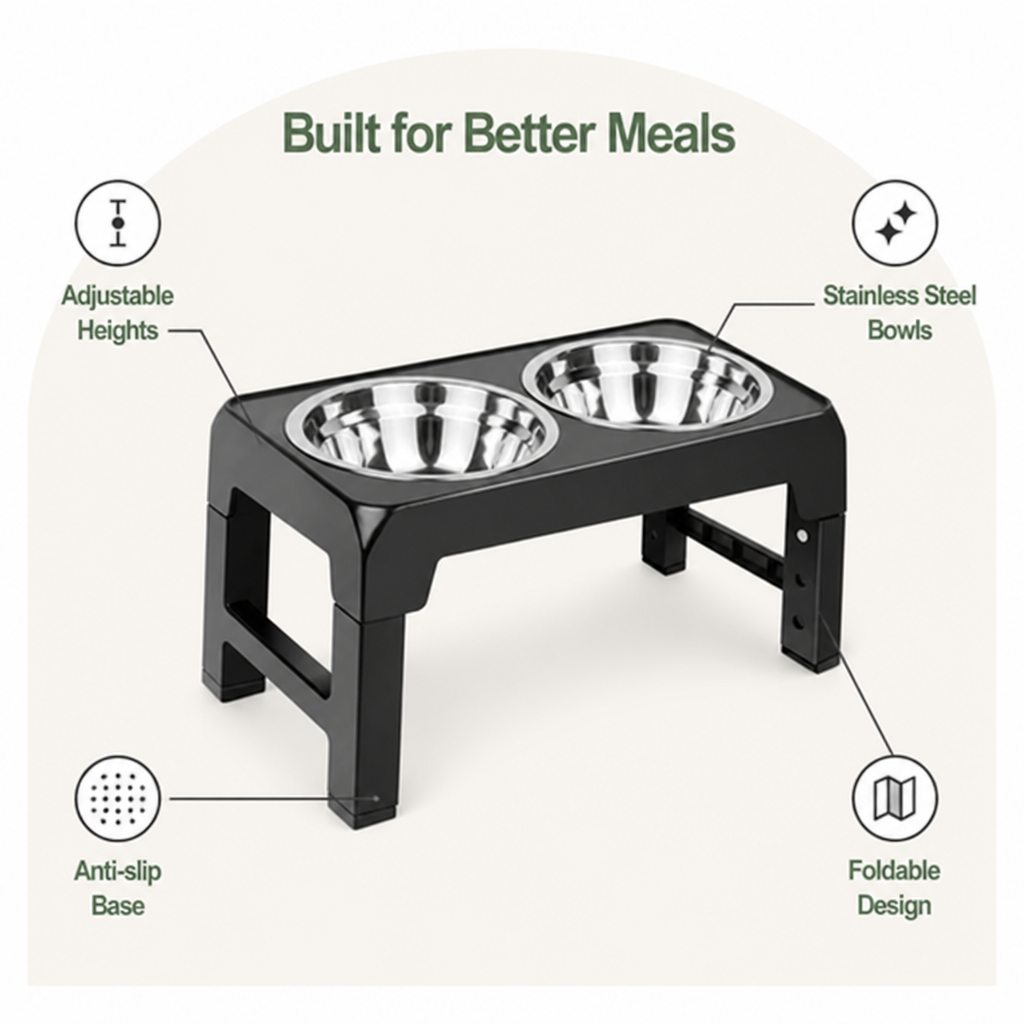 Ortekor Adjustable Height Stainless Steel Elevated Dog Feeder (Foldable)