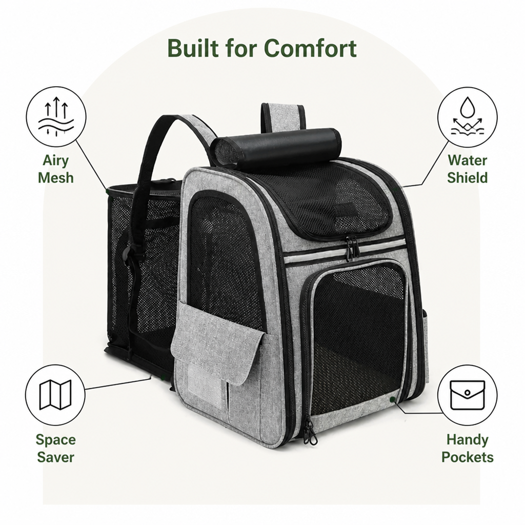 Ortekor Breathable Mesh & Water-Repellent Pet Backpack Carrier (Collapsible)