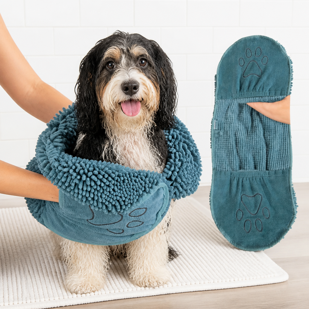 Ortekor Chenille Microfiber Quick-Drying Pet Bath Towel (Double Hand Pockets)