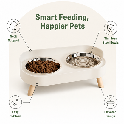 Ortekor Elevated Neck-Support Pet Feeder (Dual Removable Stainless Bowls)