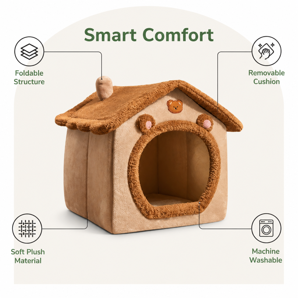 Ortekor Foldable Plush Velvet & Washable Pet House (Removable Cushion)