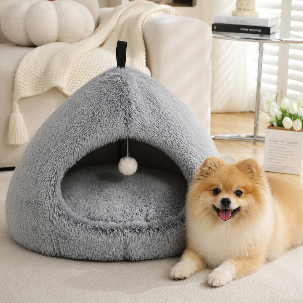Ortekor Plush Warm Non-Slip Hooded Pet Bed