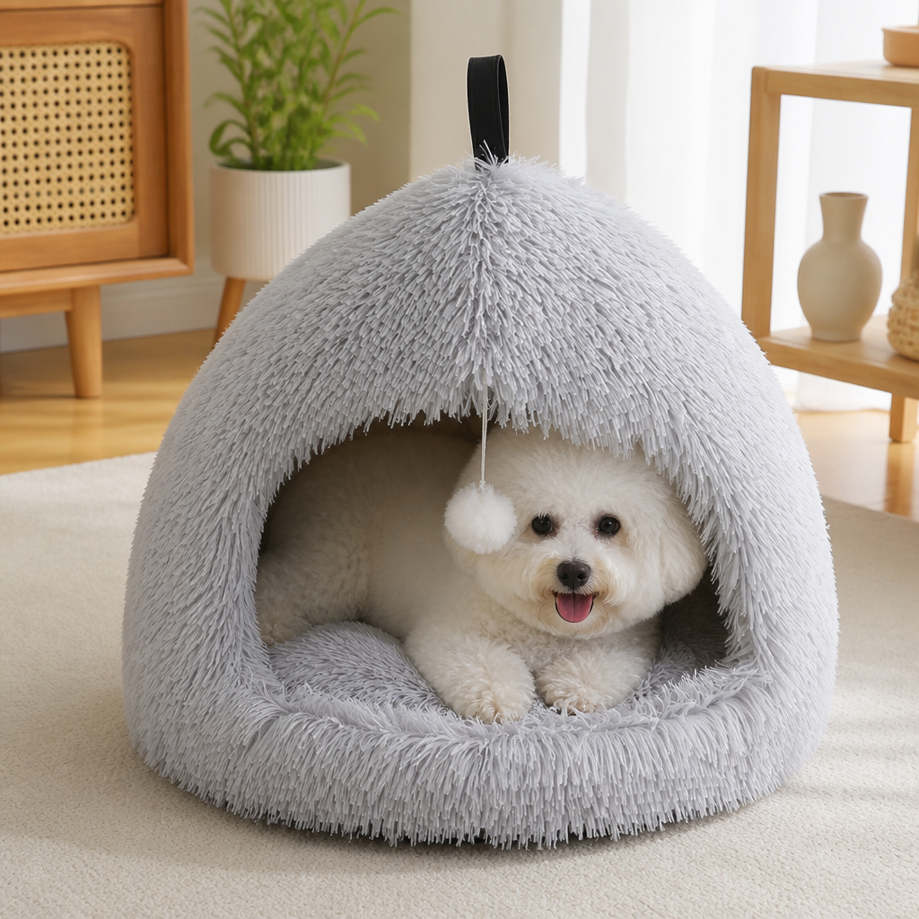 Ortekor Plush Warm Non-Slip Hooded Pet Bed