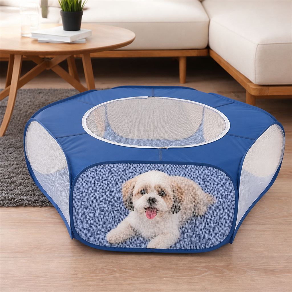 Ortekor Pop-Up & Foldable Transparent Mesh Pet Playpen (Water-Absorbing Liner)