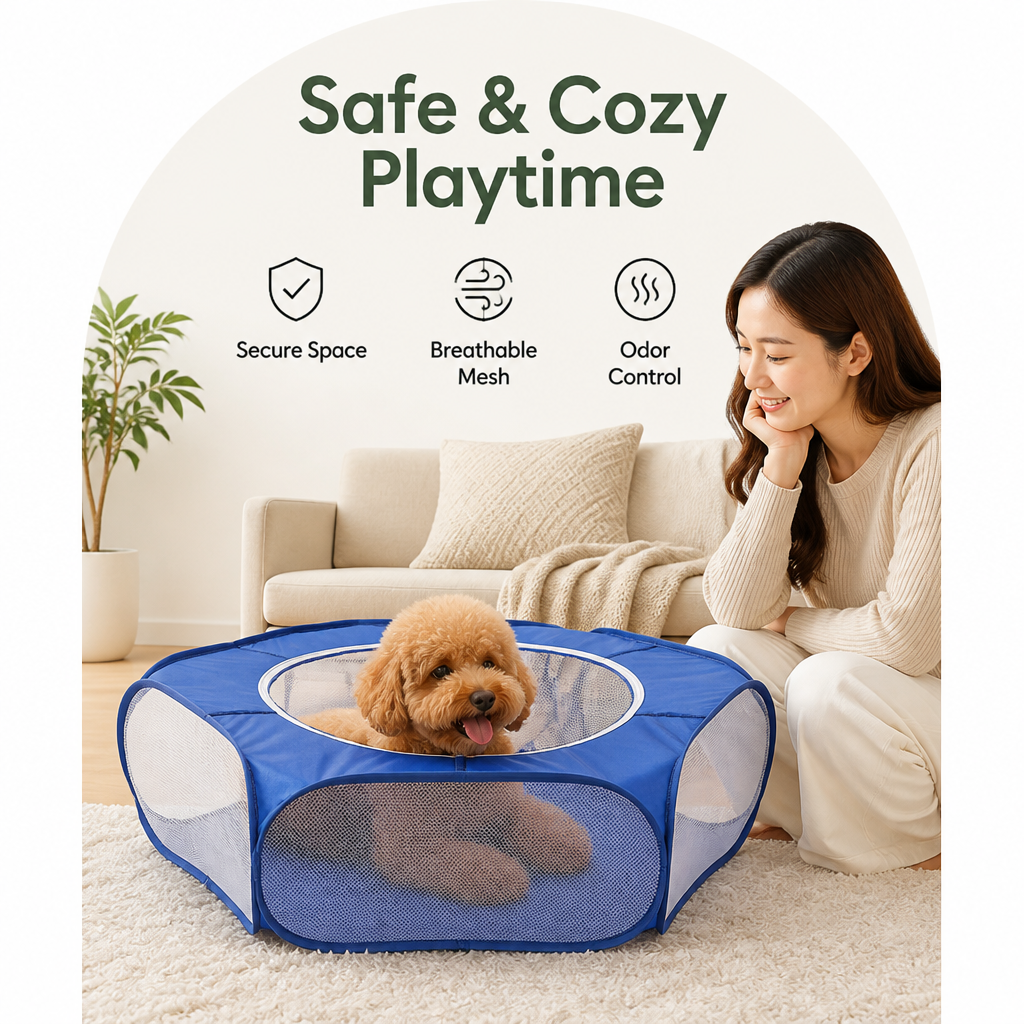 Ortekor Pop-Up & Foldable Transparent Mesh Pet Playpen (Water-Absorbing Liner)