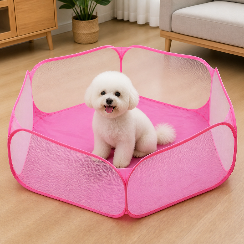 Ortekor Pop-Up & Foldable Transparent Mesh Pet Playpen (Water-Absorbing Liner)