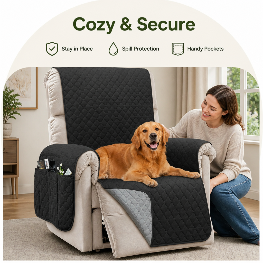 Ortekor Quilted Waterproof & Anti-Slip Recliner Cover (Side Pockets)