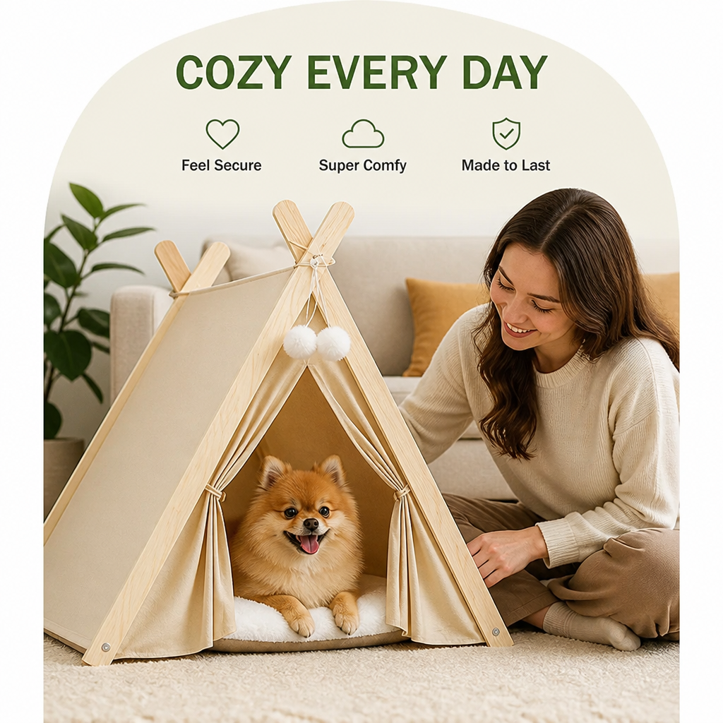 Ortekor Solid Pine Frame & Velvet Cushion Pet Tent (Foldable)