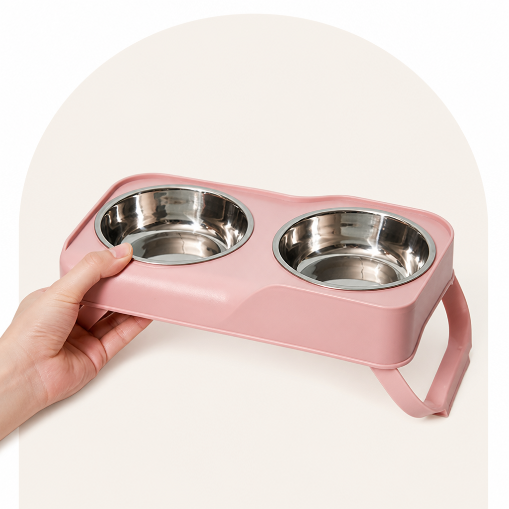 Cuencos de acero inoxidable y comedero doble antideslizante para mascotas Ortekor (soporte plegable)