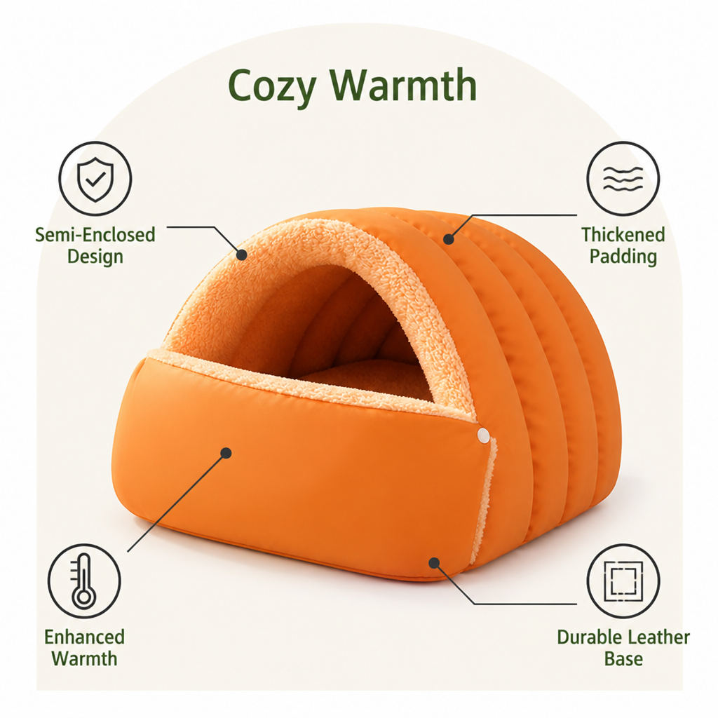 Ortekor Thickened Plush & Semi-Enclosed Pet Bed (Leather Base)