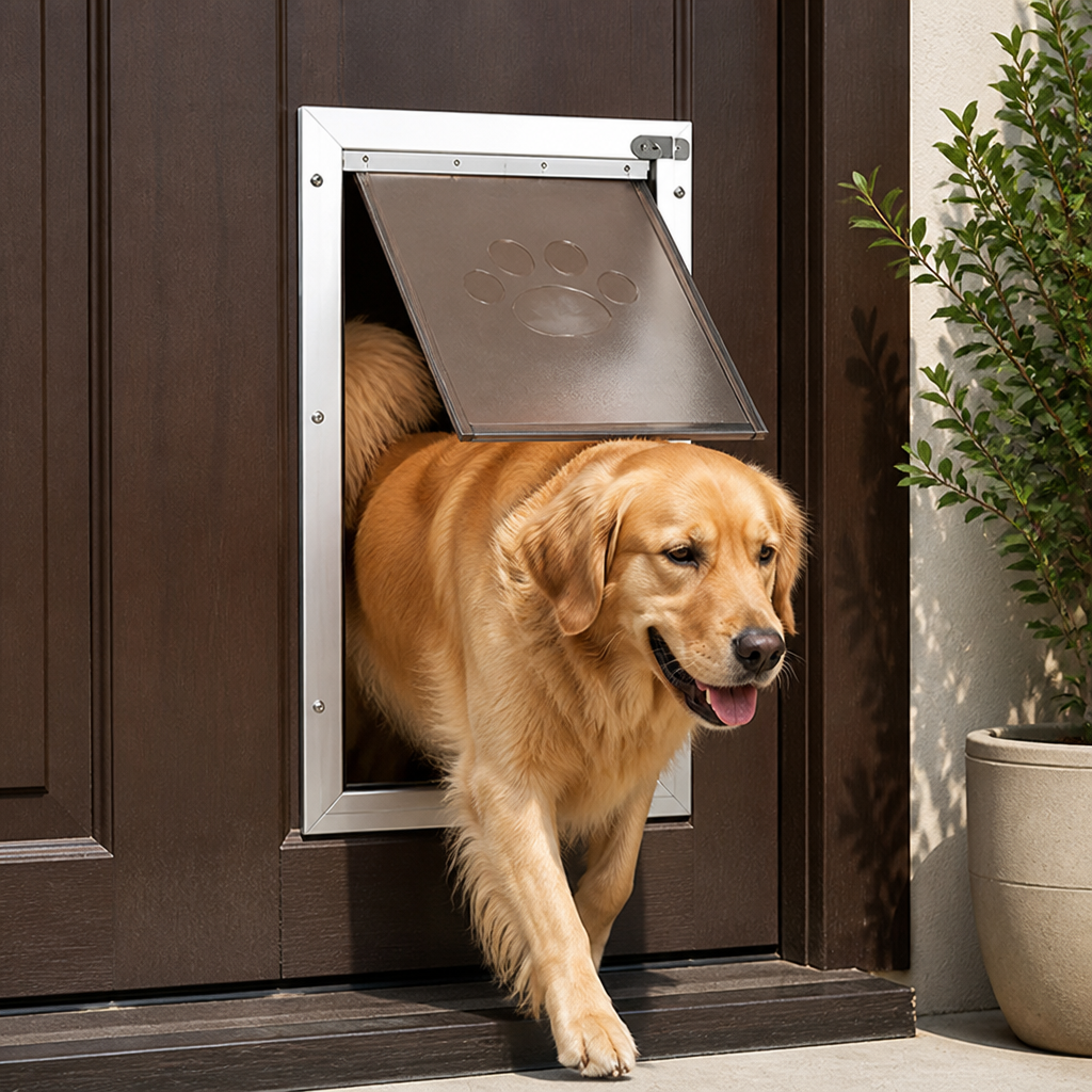 Puerta para mascotas Ortekor con marco de aluminio resistente a la intemperie y cierre magnético (para puertas de 0.42 a 2 pulgadas)